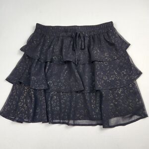 Mi Ami Tiered Ruffle Mini Skirt Black/Gold Leopard Foil Womens M Chiffon Casual